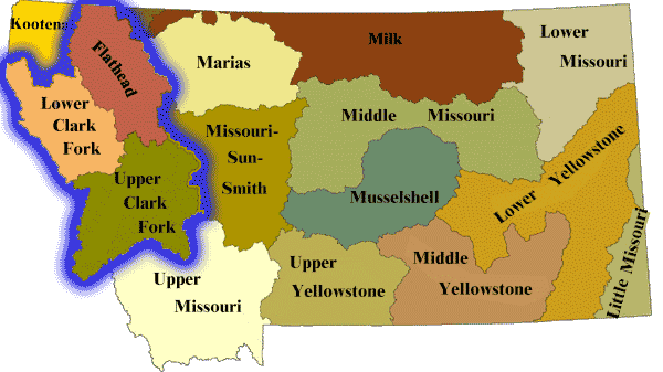map of the watersheds in montana with the clark fork watershed outlined